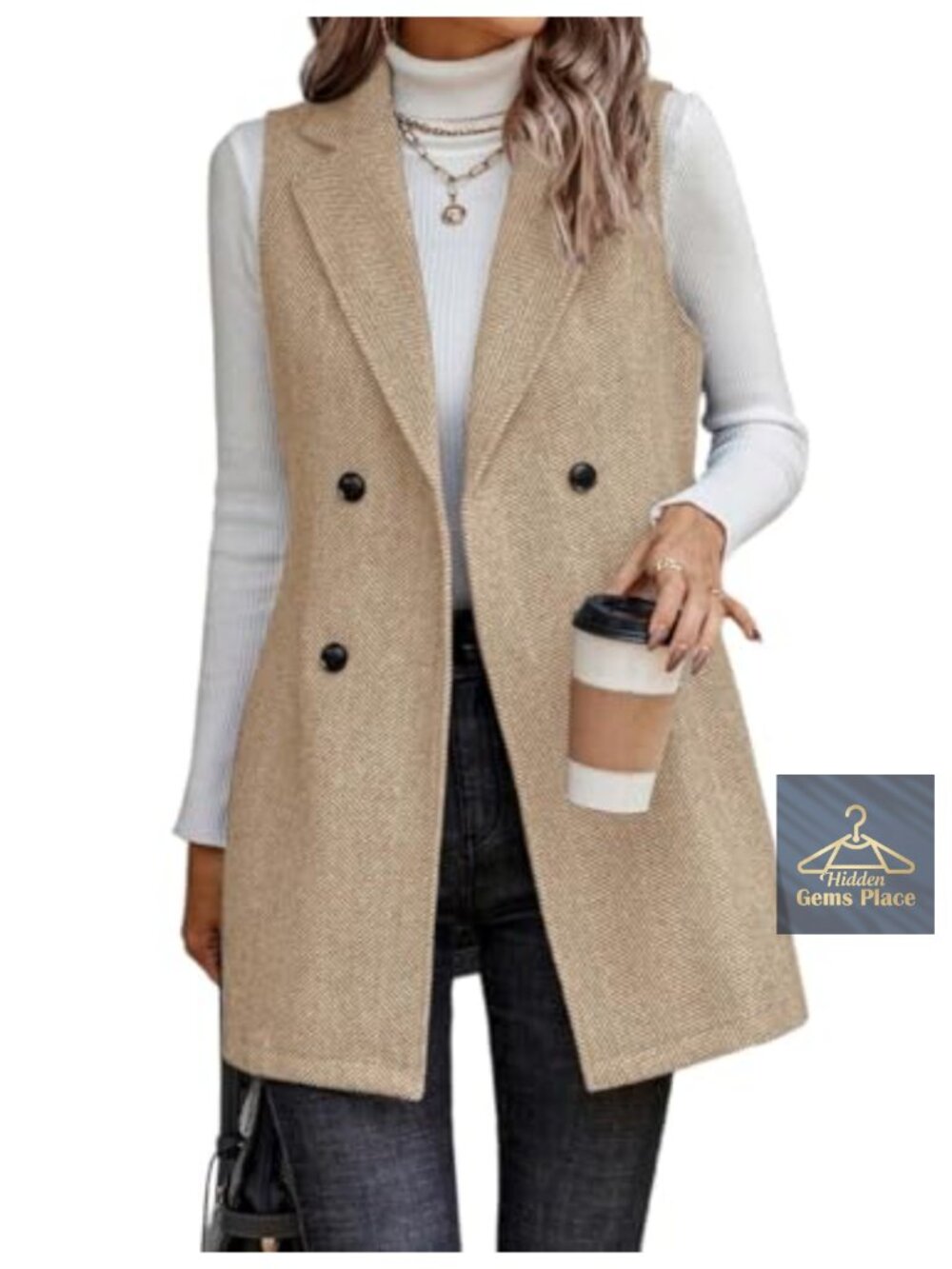 Sleeveless Tweed Blazer Long Vest Herringbone Wool Blend Business Casual